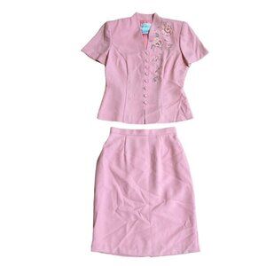 Karin Stevens Womens Pink Embroidered Floral Top & Pencil Skirt Set Size 6